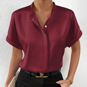 SHEIN Red Short Sleeve Button Down Shirt with Notched Collar